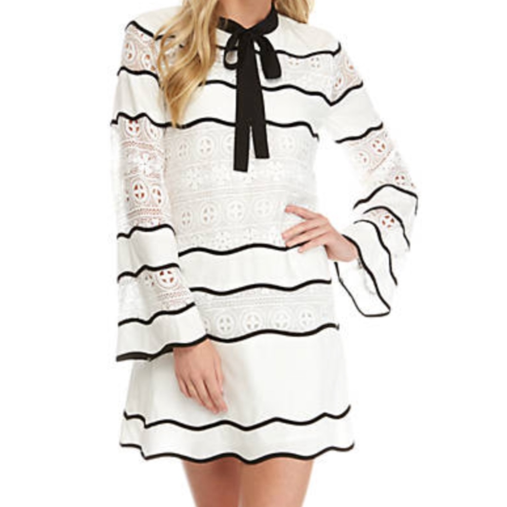 ENGLISH FACTORY Colorblock Lace Tie-Neck Dress